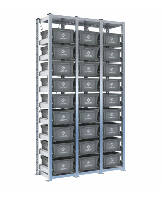 Scaffale H2000 a 3 campate con 27 contenitori Euro 400x300x170h, vista prospettica