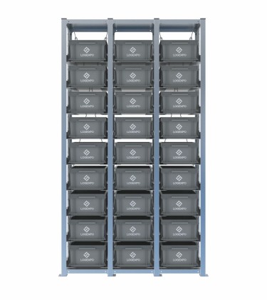 Scaffale H2000 a 3 campate con 27 contenitori Euro 400x300x170h, vista prospettica 2