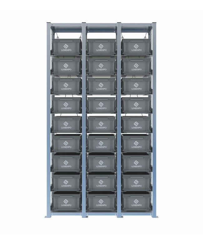 Scaffale H2000 a 3 campate con 27 contenitori Euro 400x300x170h, vista frontale