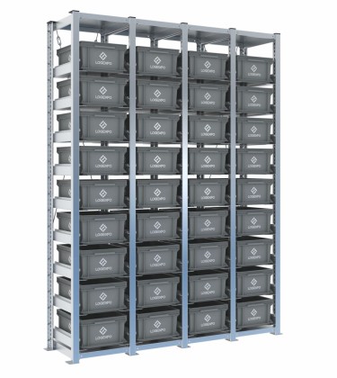 Scaffale H2000 a 4 campate con 36 contenitori Euro 400x300x170h, vista prospettica