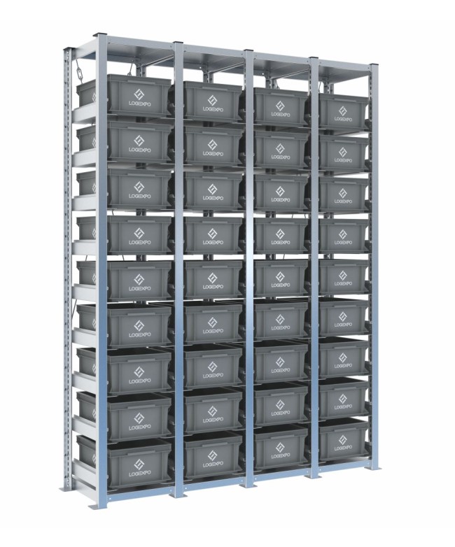 Scaffale H2000 a 4 campate con 36 contenitori Euro 400x300x170h, vista prospettica