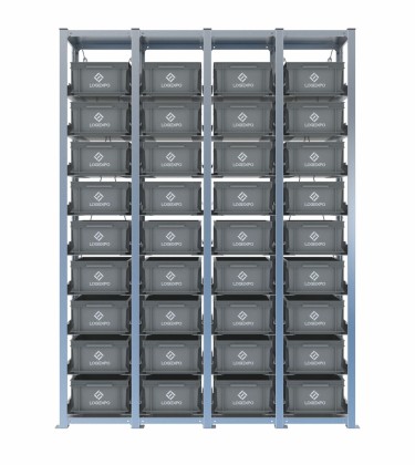Scaffale H2000 a 4 campate con 36 contenitori Euro 400x300x170h, vista prospettica 2