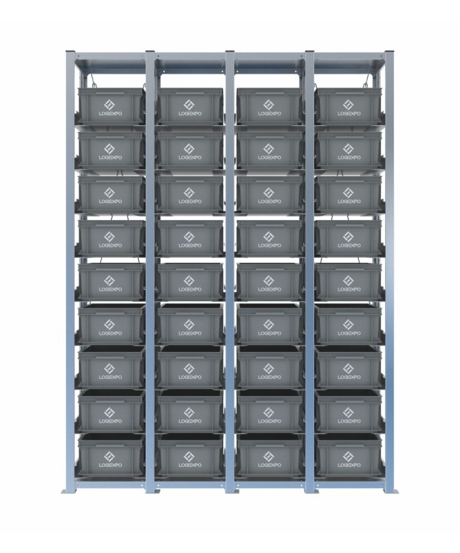 Scaffale H2000 a 4 campate con 36 contenitori Euro 400x300x170h, vista frontale