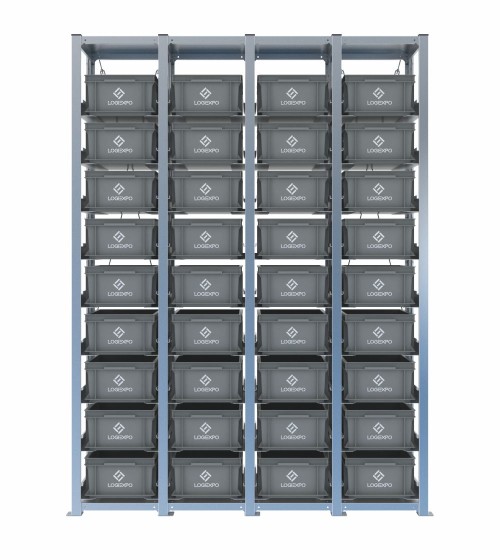 Scaffale H2000 a 4 campate con 36 contenitori Euro 400x300x170h, vista frontale