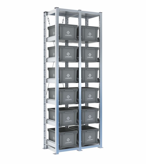 Scaffale H2000 a 2 campate con 12 contenitori Euro 400x300x220h, vista prospettica