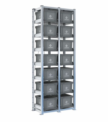 Scaffale H2000 a 2 campate con 14 contenitori Euro 400x300x220h, vista prospettica