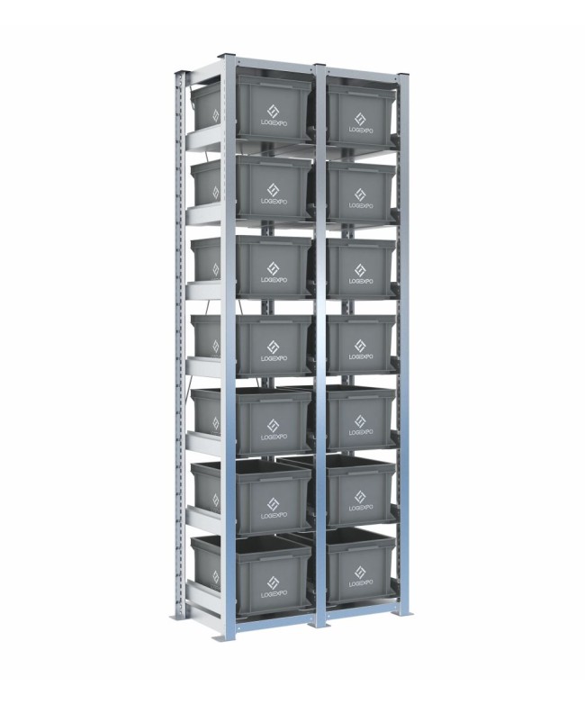 Scaffale H2000 a 2 campate con 14 contenitori Euro 400x300x220h, vista prospettica