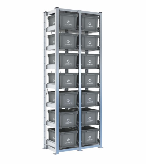 Scaffale H2000 a 2 campate con 14 contenitori Euro 400x300x220h, vista prospettica