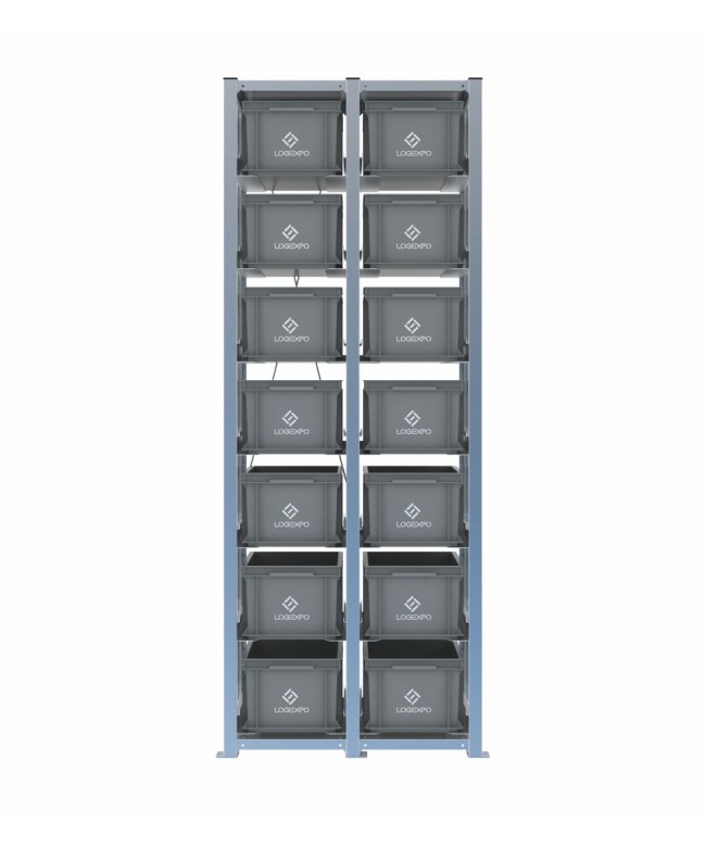 Scaffale H2000 a 2 campate con 14 contenitori Euro 400x300x220h, vista frontale