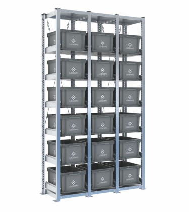 Scaffale H2000 a 3 campate con 18 contenitori Euro 400x300x220h, vista prospettica