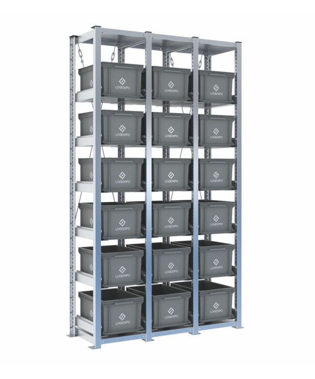 Scaffale H2000 a 3 campate con 18 contenitori Euro 400x300x220h, vista prospettica