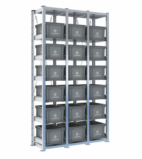 Scaffale H2000 a 3 campate con 18 contenitori Euro 400x300x220h, vista prospettica