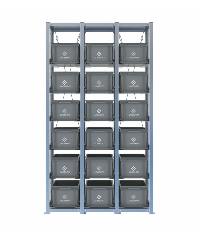 Scaffale H2000 a 3 campate con 18 contenitori Euro 400x300x220h, vista frontale