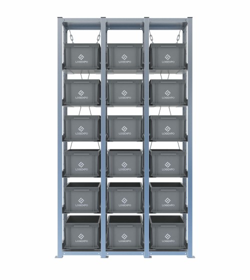 Scaffale H2000 a 3 campate con 18 contenitori Euro 400x300x220h, vista frontale