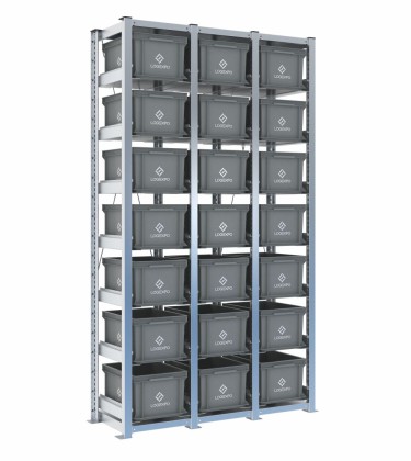 Scaffale H2000 a 3 campate con 21 contenitori Euro 400x300x220h, vista prospettica