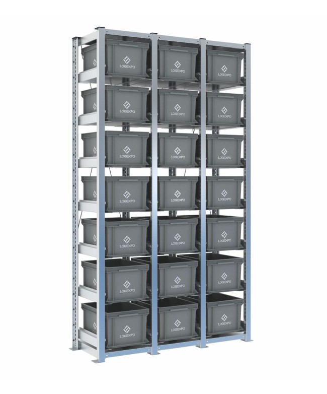 Scaffale H2000 a 3 campate con 21 contenitori Euro 400x300x220h, vista prospettica