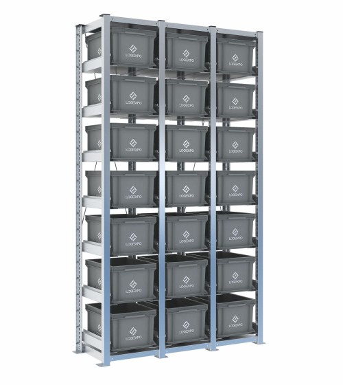 Scaffale H2000 a 3 campate con 21 contenitori Euro 400x300x220h, vista prospettica