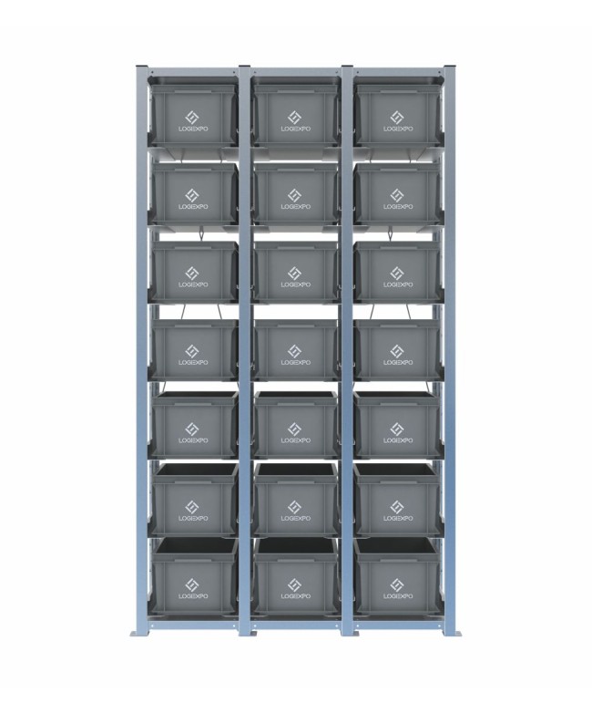 Scaffale H2000 a 3 campate con 21 contenitori Euro 400x300x220h, vista frontale