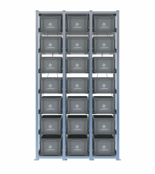 Scaffale H2000 a 3 campate con 21 contenitori Euro 400x300x220h, vista frontale