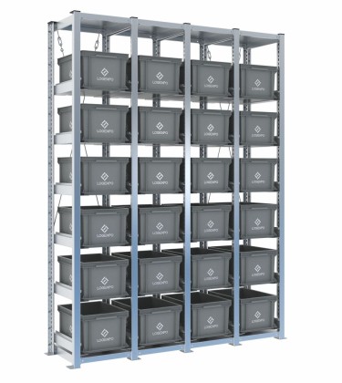 Scaffale H2000 a 4 campate con 24 contenitori Euro 400x300x220h, vista prospettica