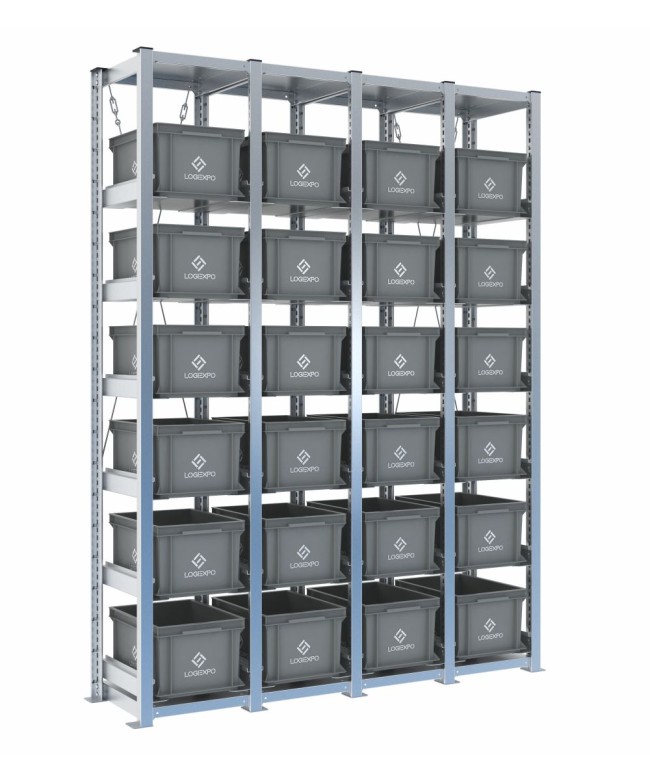 Scaffale H2000 a 4 campate con 24 contenitori Euro 400x300x220h, vista prospettica