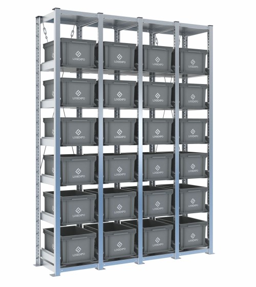 Scaffale H2000 a 4 campate con 24 contenitori Euro 400x300x220h, vista prospettica