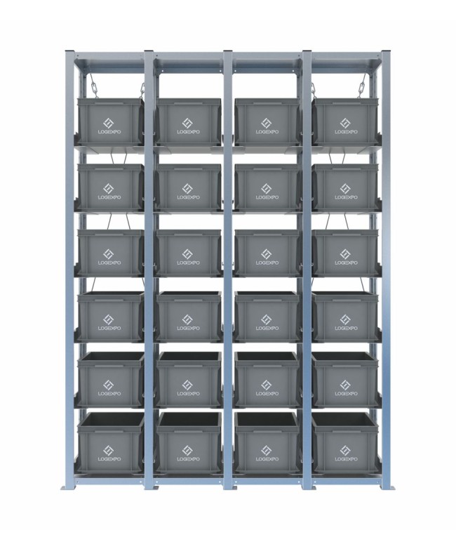 Scaffale H2000 a 4 campate con 24 contenitori Euro 400x300x220h, vista frontale