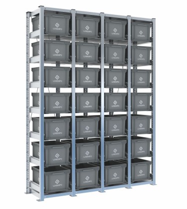 Scaffale H2000 a 4 campate con 28 contenitori Euro 400x300x220h, vista prospettica