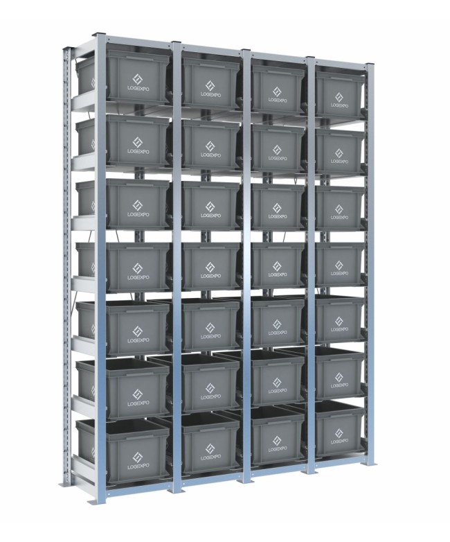 Scaffale H2000 a 4 campate con 28 contenitori Euro 400x300x220h, vista prospettica