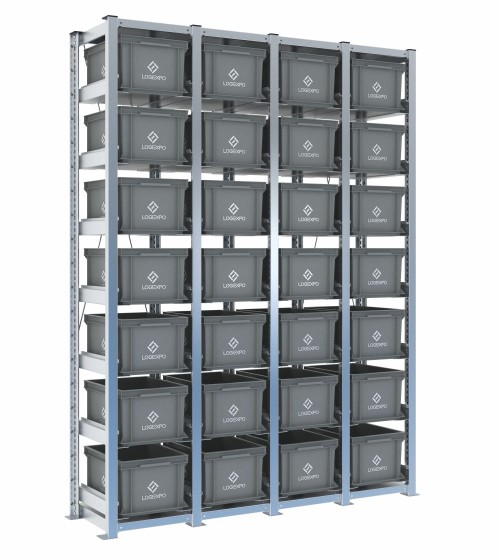 Scaffale H2000 a 4 campate con 28 contenitori Euro 400x300x220h, vista prospettica