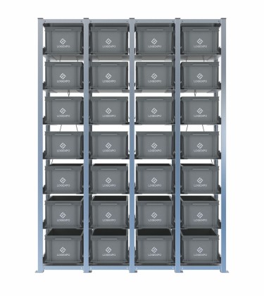 Scaffale H2000 a 4 campate con 28 contenitori Euro 400x300x220h, vista prospettica 2