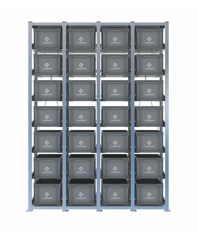 Scaffale H2000 a 4 campate con 28 contenitori Euro 400x300x220h, vista frontale