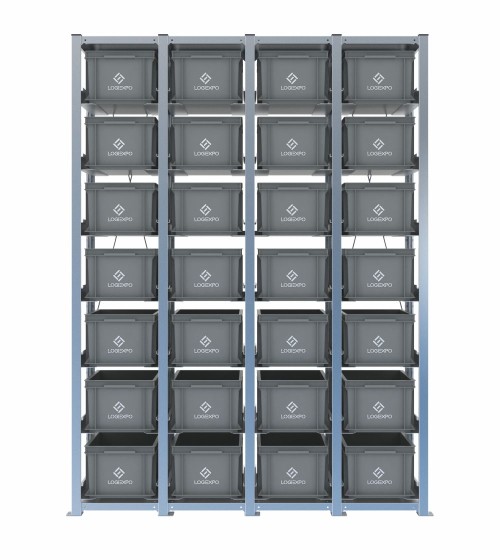 Scaffale H2000 a 4 campate con 28 contenitori Euro 400x300x220h, vista frontale