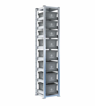 Scaffale H2000 a 1 campata con 8 contenitori Euro 400x300 di altezze 220h e 170h, vista prospettica