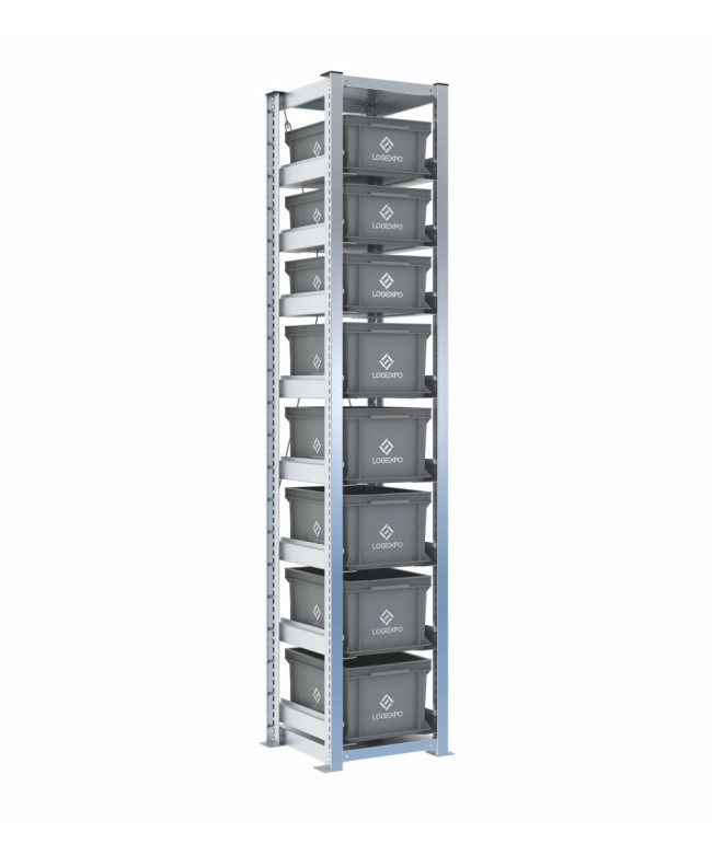 Scaffale H2000 a 1 campata con 8 contenitori Euro 400x300 di altezze 220h e 170h, vista prospettica