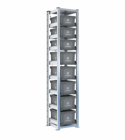 Scaffale H2000 a 1 campata con 8 contenitori Euro 400x300 di altezze 220h e 170h, vista prospettica
