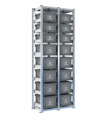 Scaffale H2000 a 2 campate con 16 contenitori Euro 400x300 di altezze 220h e 170h, vista prospettica