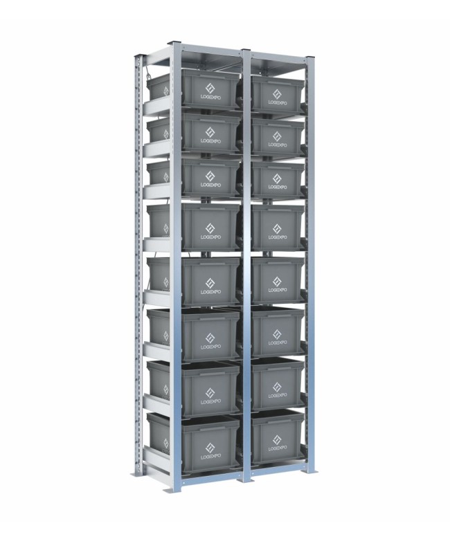 Scaffale H2000 a 2 campate con 16 contenitori Euro 400x300 di altezze 220h e 170h, vista prospettica