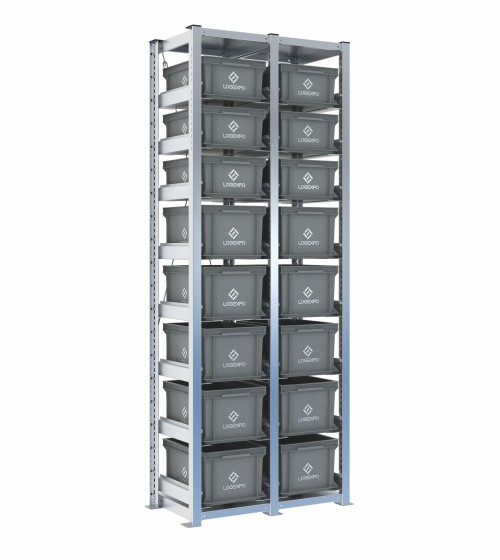 Scaffale H2000 a 2 campate con 16 contenitori Euro 400x300 di altezze 220h e 170h, vista prospettica