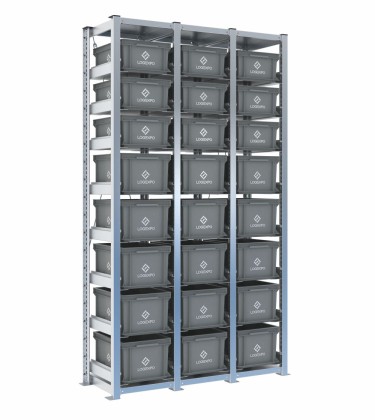 Scaffale H2000 a 3 campate con 24 contenitori Euro 400x300 di altezze 220h e 170h, vista prospettica