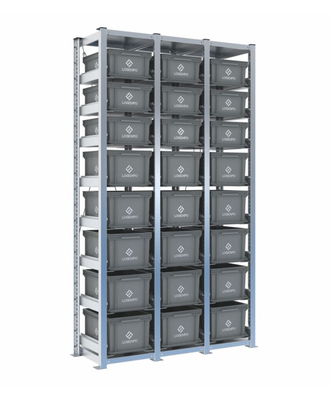 Scaffale H2000 a 3 campate con 24 contenitori Euro 400x300 di altezze 220h e 170h, vista prospettica