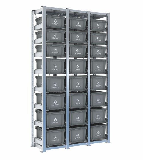 Scaffale H2000 a 3 campate con 24 contenitori Euro 400x300 di altezze 220h e 170h, vista prospettica