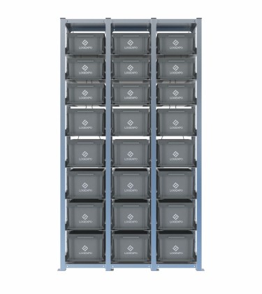 Scaffale H2000 a 3 campate con 24 contenitori Euro 400x300 di altezze 220h e 170h, vista prospettica 2