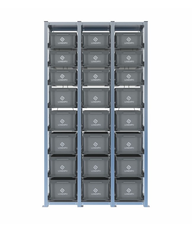 Scaffale H2000 a 3 campate con 24 contenitori Euro 400x300 di altezze 220h e 170h, vista frontale