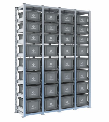 Scaffale H2000 a 4 campate con 32 contenitori Euro 400x300 di altezze 220h e 170h, vista prospettica