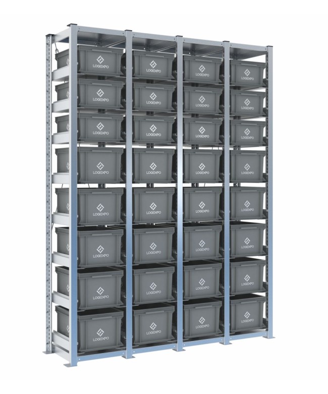 Scaffale H2000 a 4 campate con 32 contenitori Euro 400x300 di altezze 220h e 170h, vista prospettica