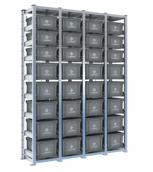 Scaffale H2000 a 4 campate con 32 contenitori Euro 400x300 di altezze 220h e 170h, vista prospettica