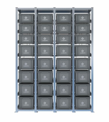 Scaffale H2000 a 4 campate con 32 contenitori Euro 400x300 di altezze 220h e 170h, vista prospettica 2
