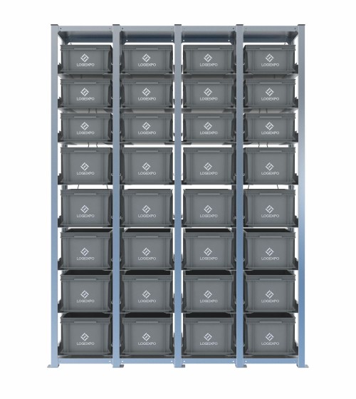 Scaffale H2000 a 4 campate con 32 contenitori Euro 400x300 di altezze 220h e 170h, vista frontale