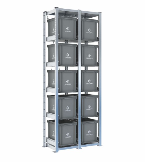 Scaffale H2000 a 2 campate con 10 contenitori Euro 400x300x320h, vista prospettica
